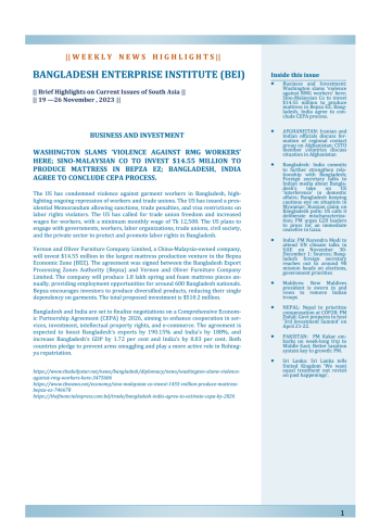 BEI Weekly News Highlights Brief Highlights on Current Issues of South Asia, 19-26 November 2023