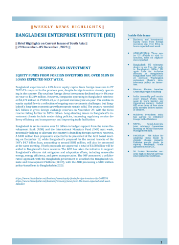 BEI Weekly News Highlights Brief Highlights on Current Issues of South Asia, 29 November-5 December 2023