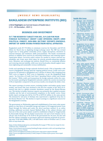 BEI Weekly News Highlights Brief Highlights on Current Issues of South Asia, 13-20 December 2023