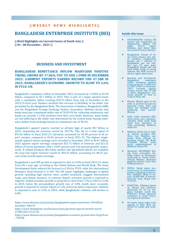 BEI Weekly News Highlights Brief Highlights on Current Issues of South Asia, 01-08 January 2024
