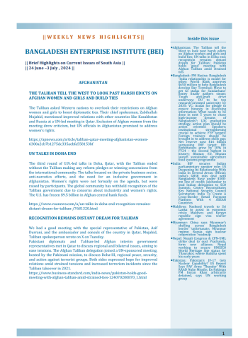 BEI Weekly News Highlights Brief Highlights on Current Issues of South Asia, 24 June-3 July, 2024