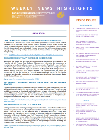 BEI Weekly News Highlights: Brief Overview of Current Issues in South Asia, August 20, 2024 – September 11, 2024