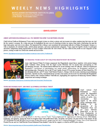 BEI Weekly News Highlights: Brief highlights on current issues in South Asia from 25 October-05 November 2024