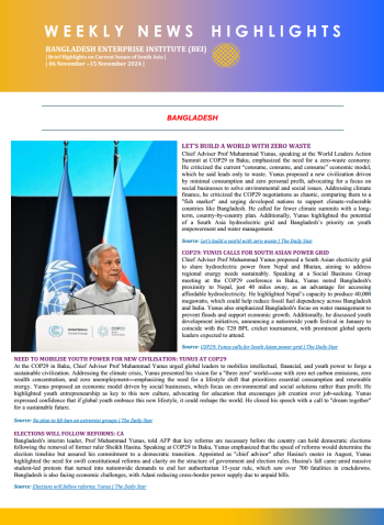 BEI Weekly News Highlights: Brief highlights on current issues in South Asia from 06-15 November 2024