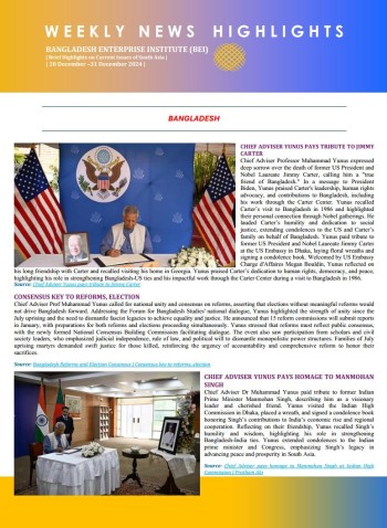 BEI Weekly News Highlights: Brief Highlights on Current Issues in South Asia, 20-31 December 2024