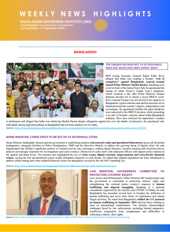 BEI Weekly News Highlights - Brief Highlights on Current Issues in South Asia, 12-17 September 2026